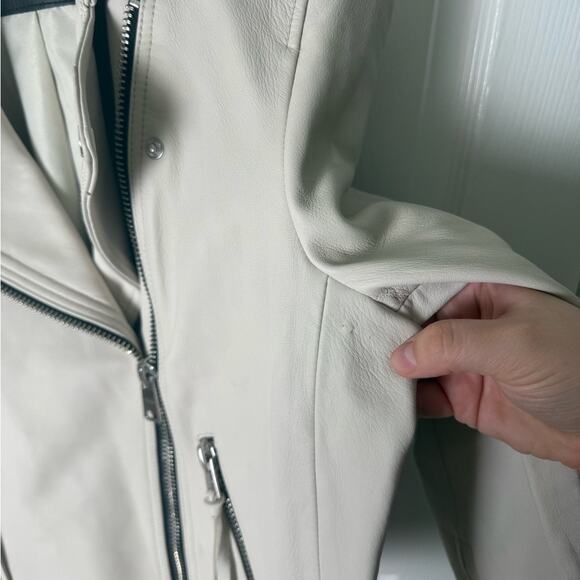 All Saints Leather Biker Balfern Belted Hem Zip Up Long Sleeve Jacket Ivory 8 - Picture 5 of 8